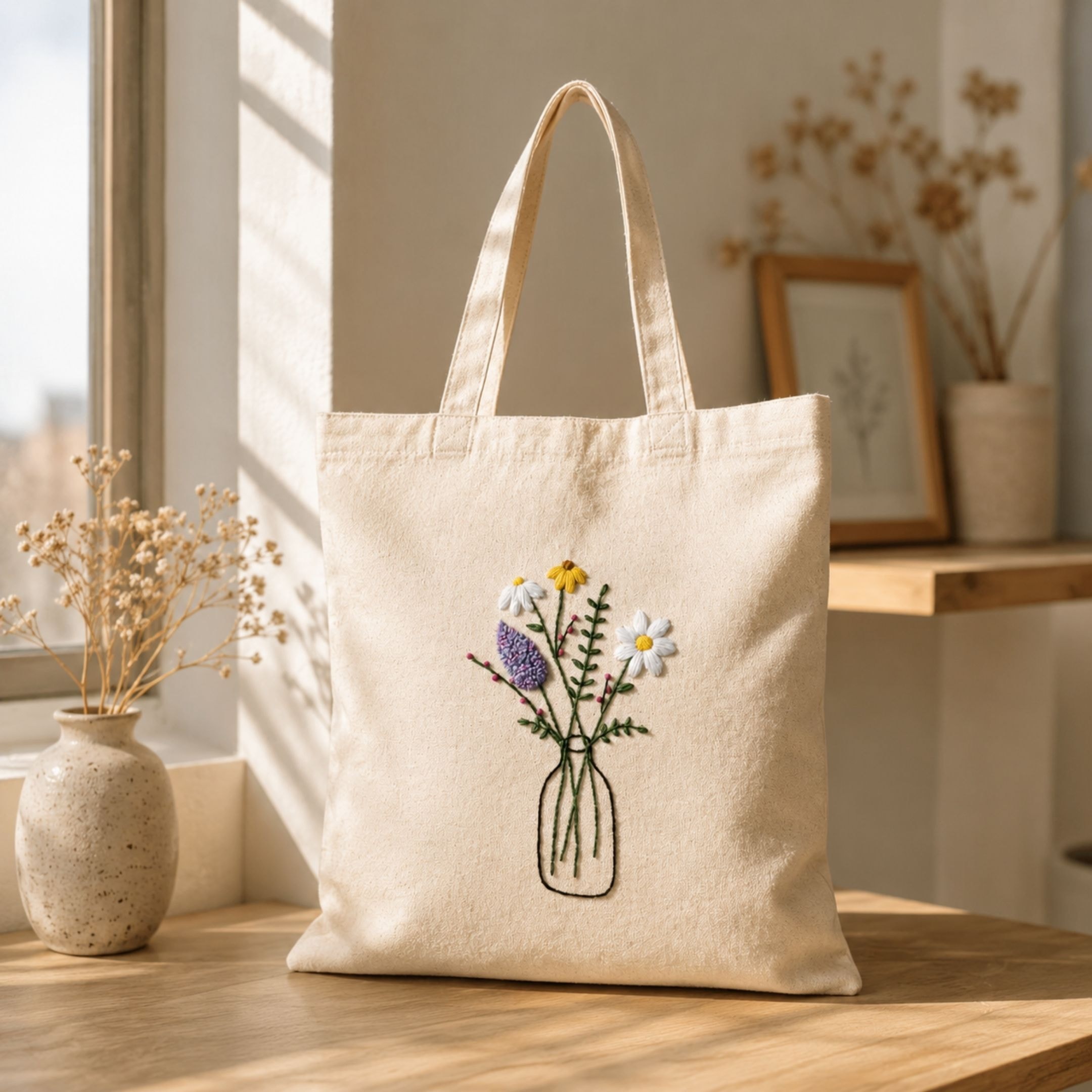 Wildflower Vase Handwork Tote Bag View 2