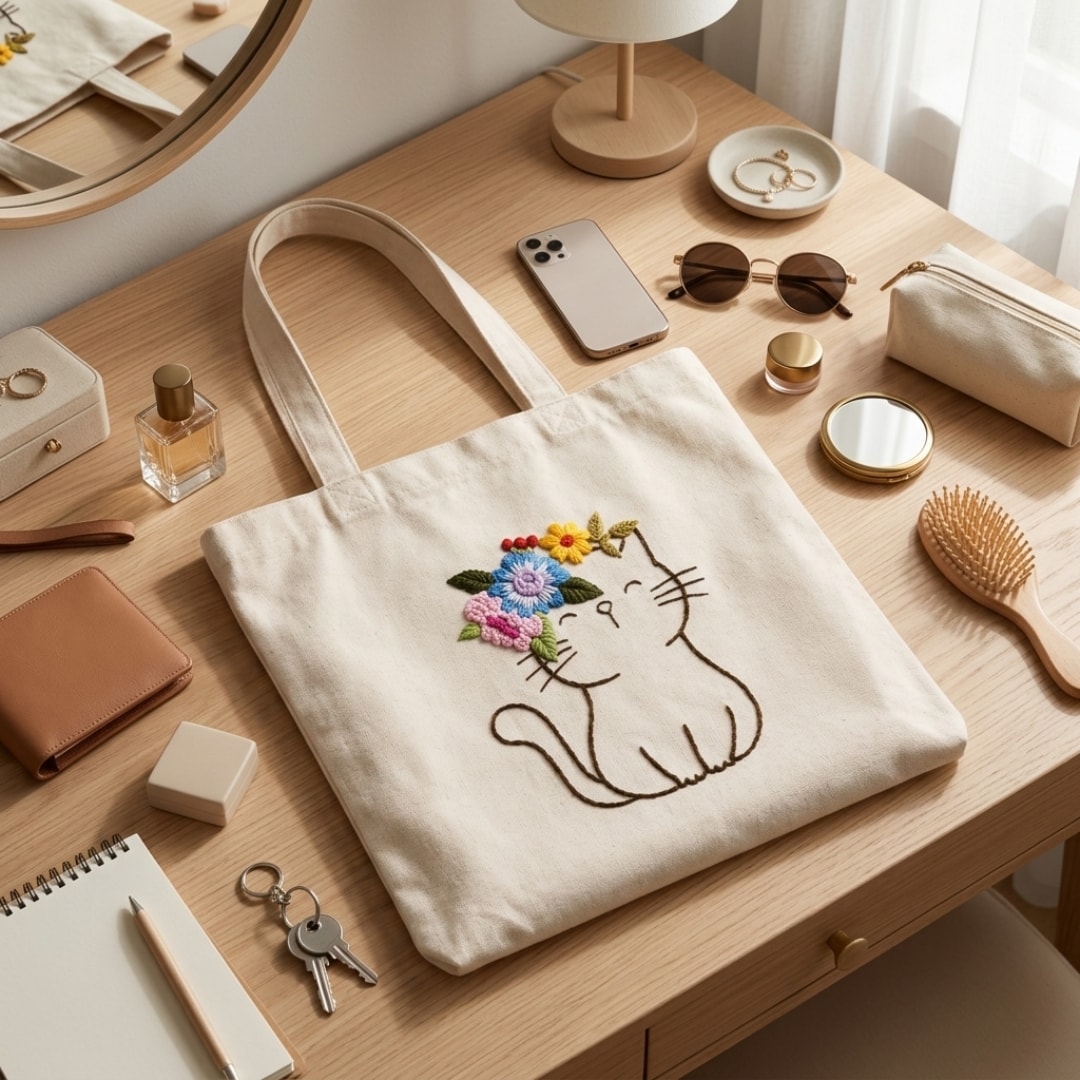 The Floral Cat Handwork Tote Bag View 5