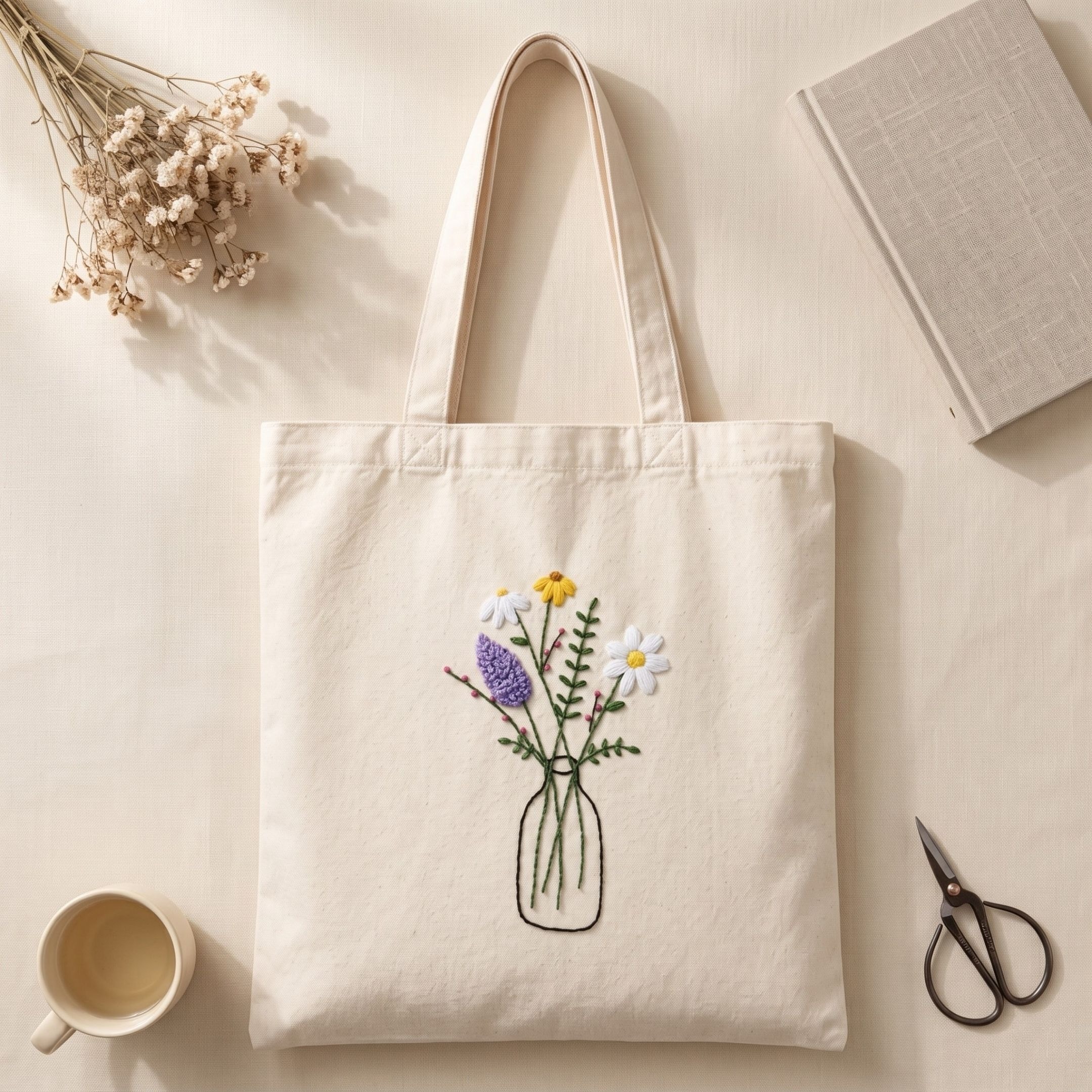 Wildflower Vase Handwork Tote Bag View 5