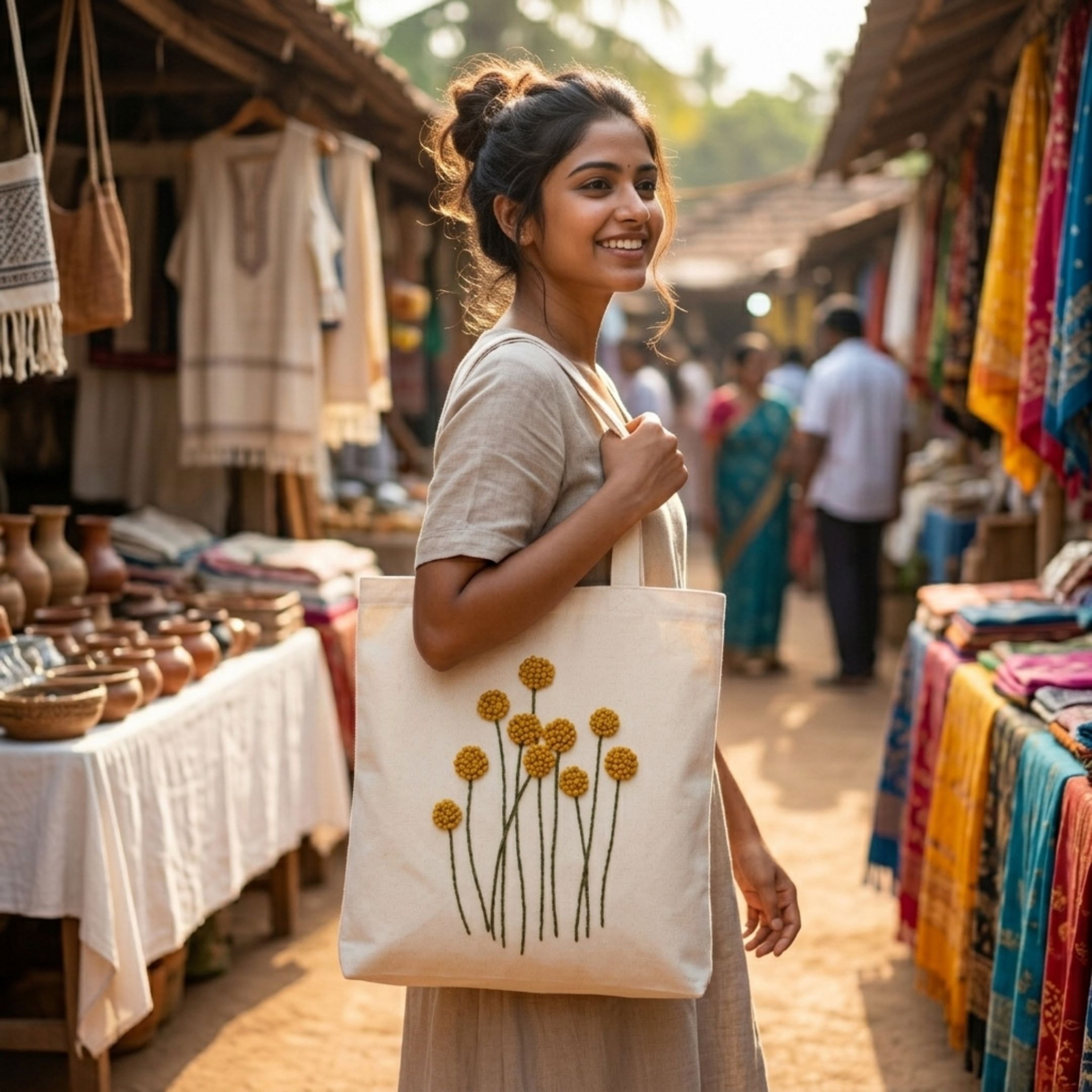 Golden Bloom Handwork Tote Bag View 3
