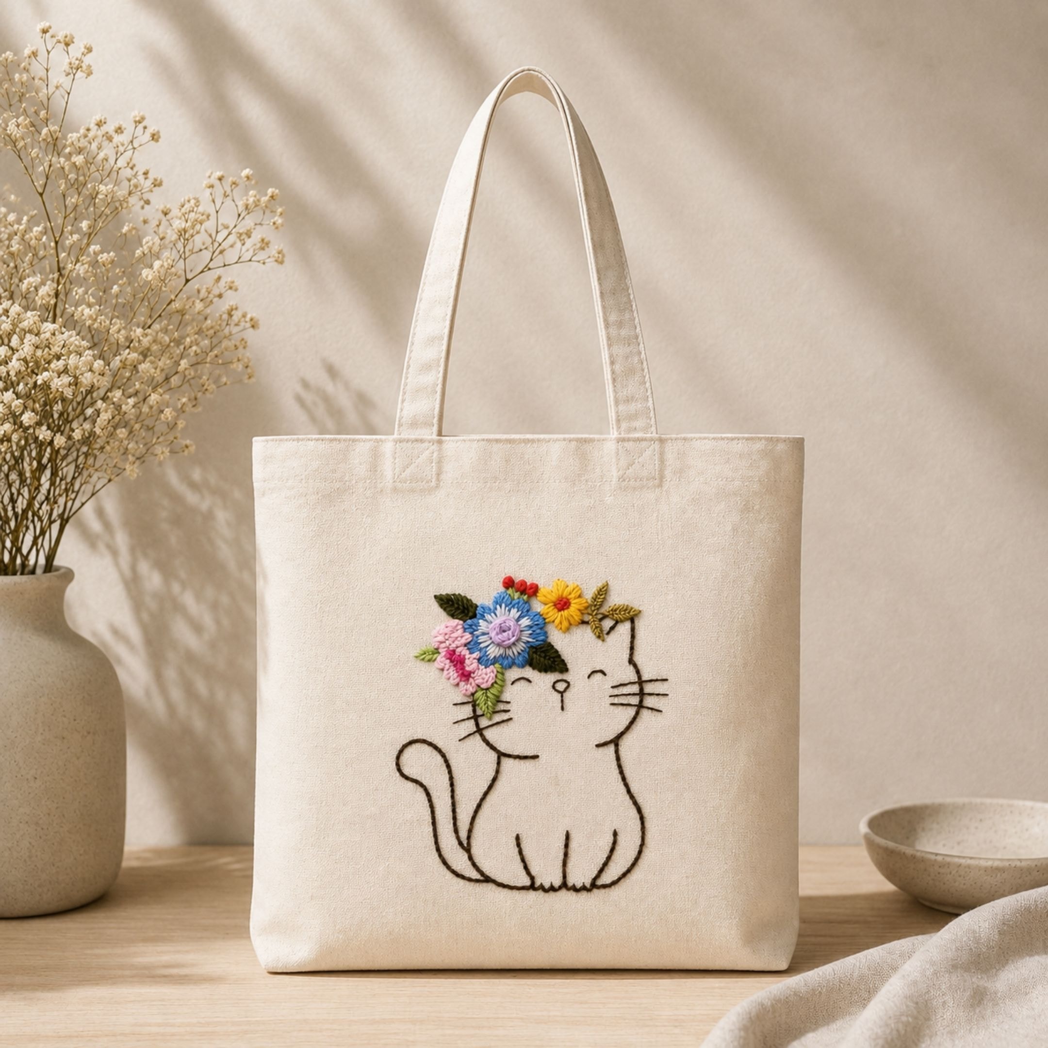 The Floral Cat Handwork Tote Bag View 2