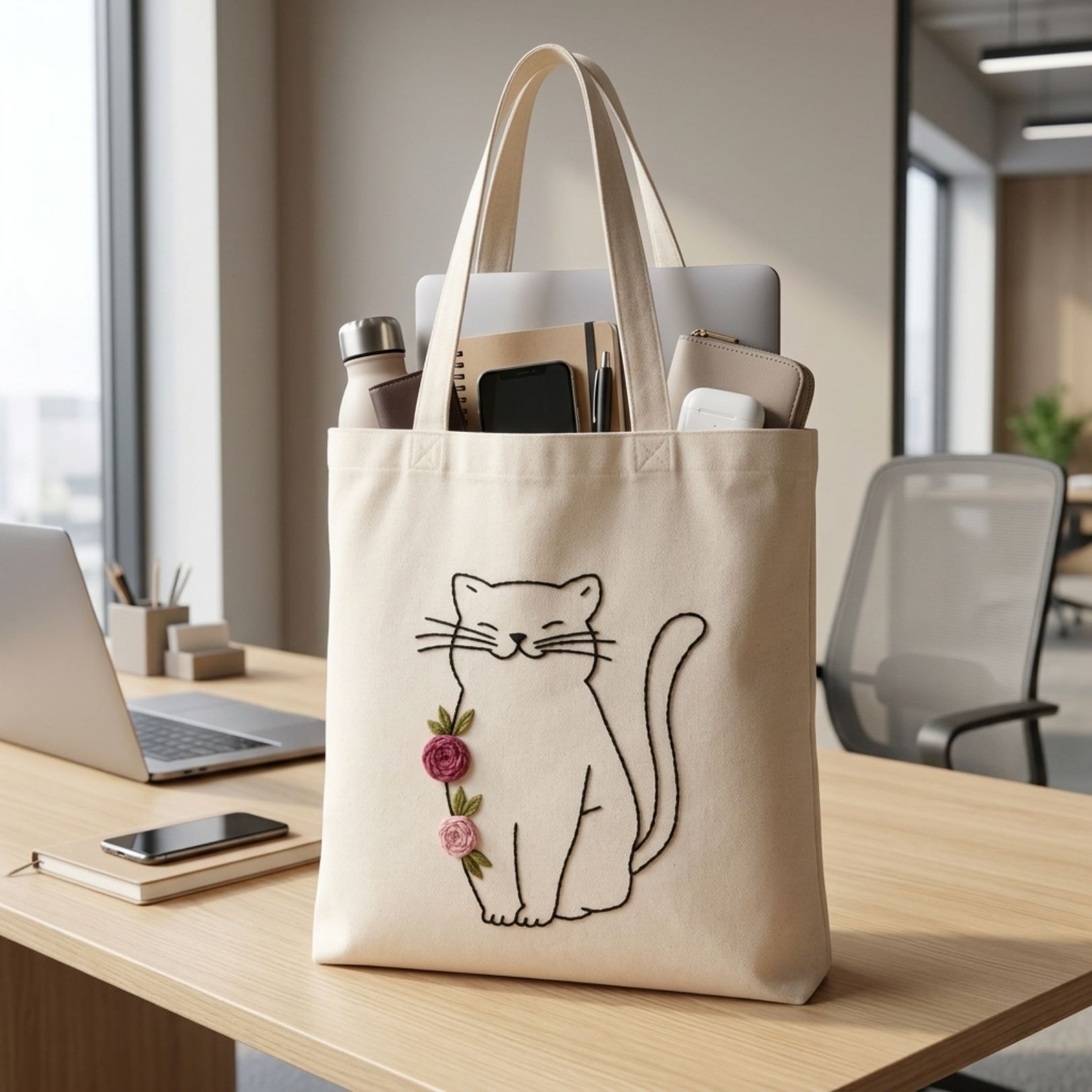 Floral Kitty Handwork Tote Bag View 4