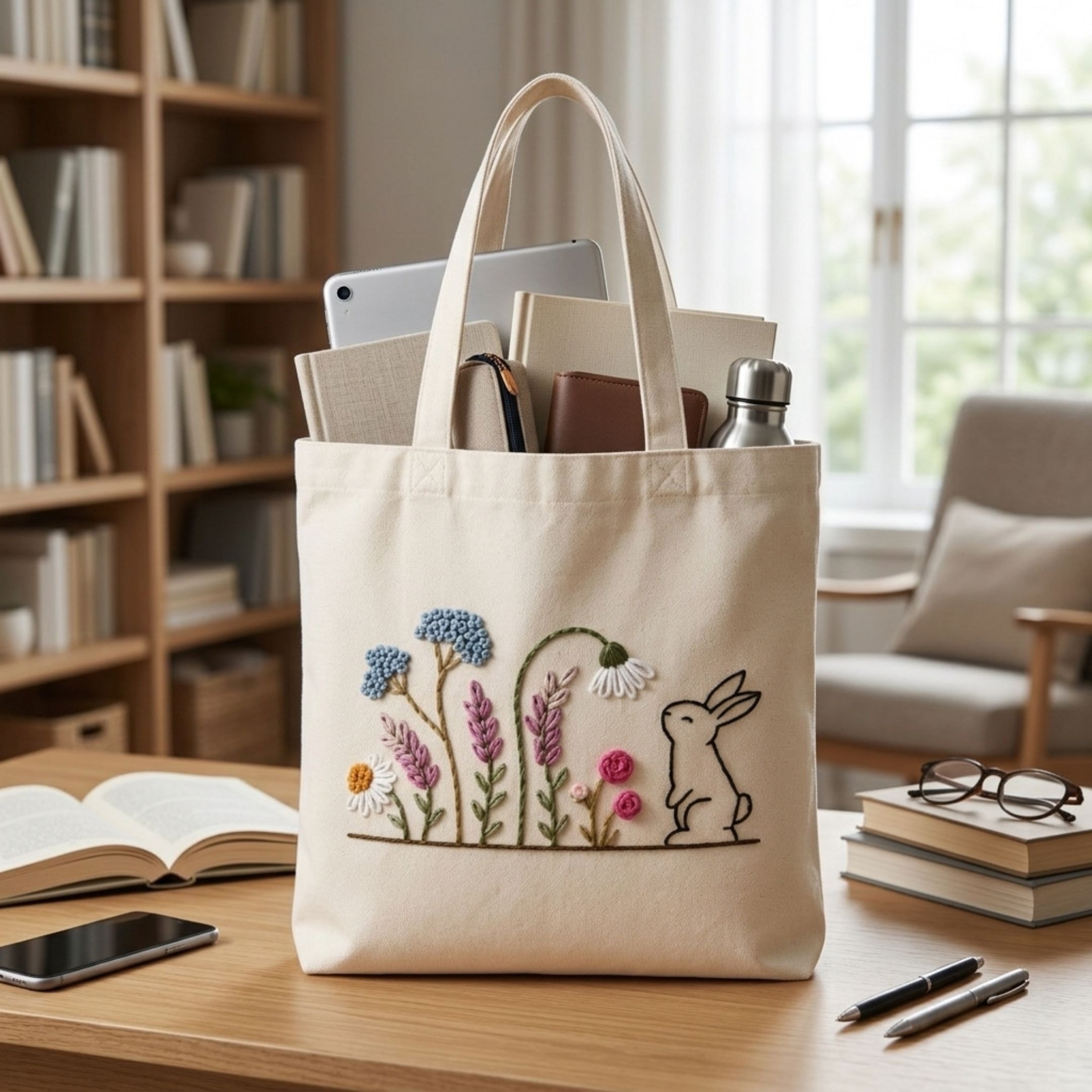 Bunny Bloom Handwork Tote Bag View 5