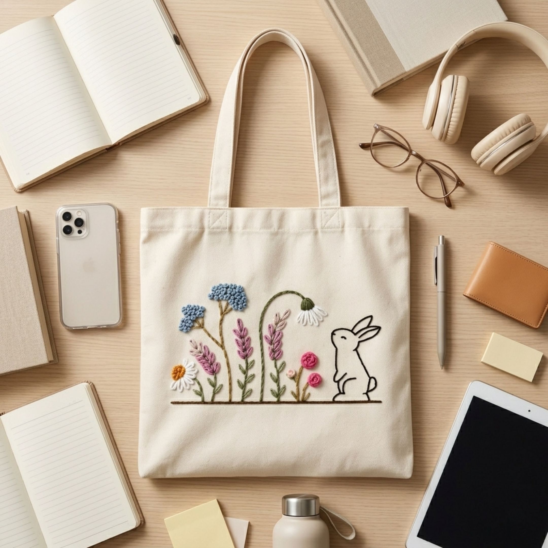 Bunny Bloom Handwork Tote Bag View 4