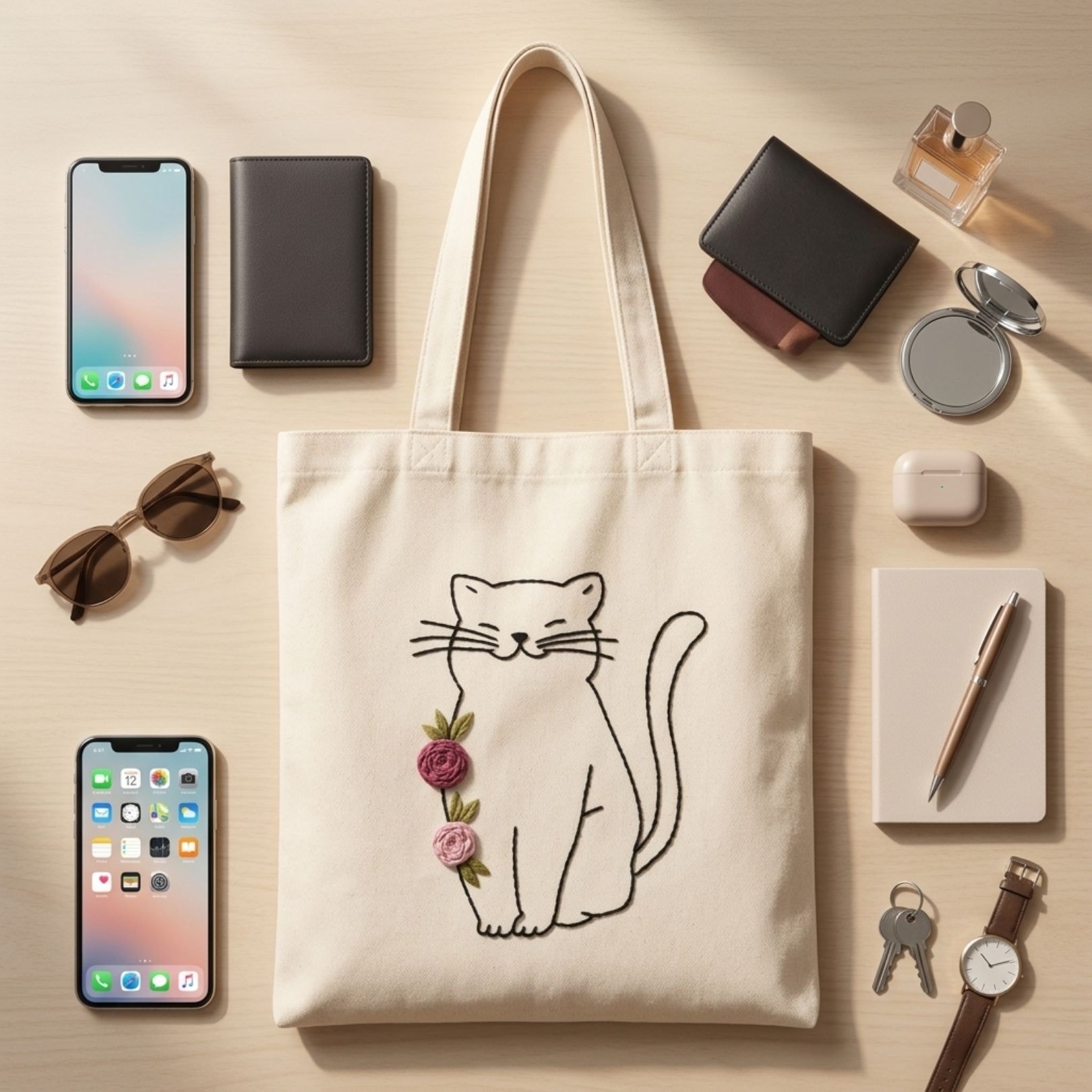 Floral Kitty Handwork Tote Bag View 5