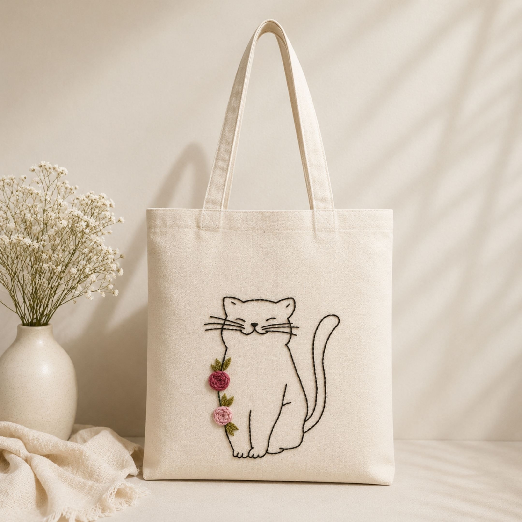 Floral Kitty Handwork Tote Bag View 2