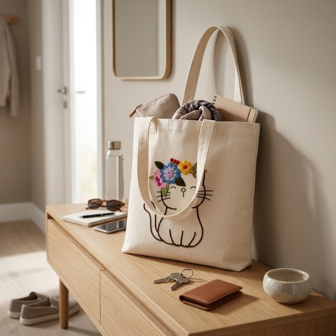 The Floral Cat Handwork Tote Bag View 4