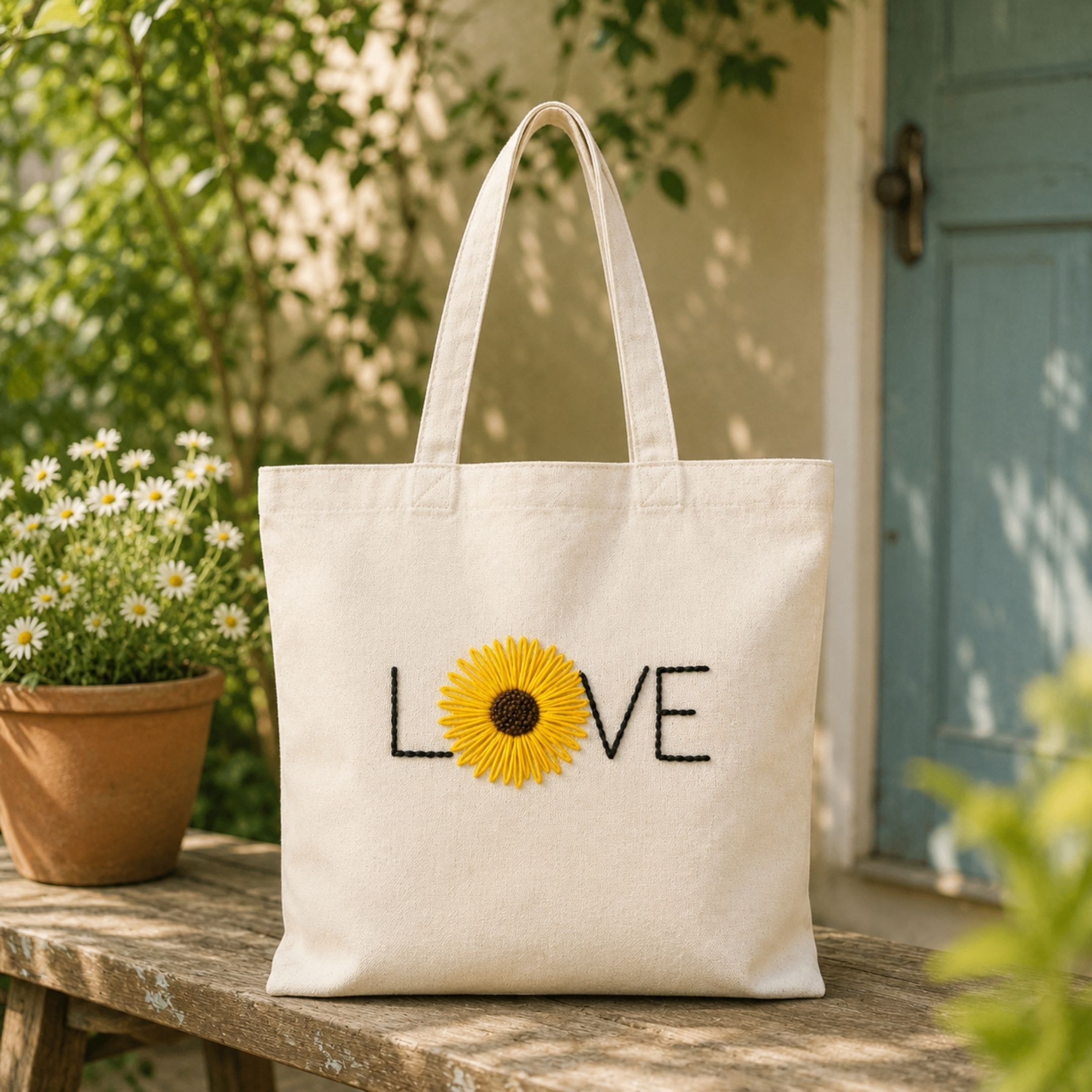 Sunflower Love Handwork Tote Bag View 2