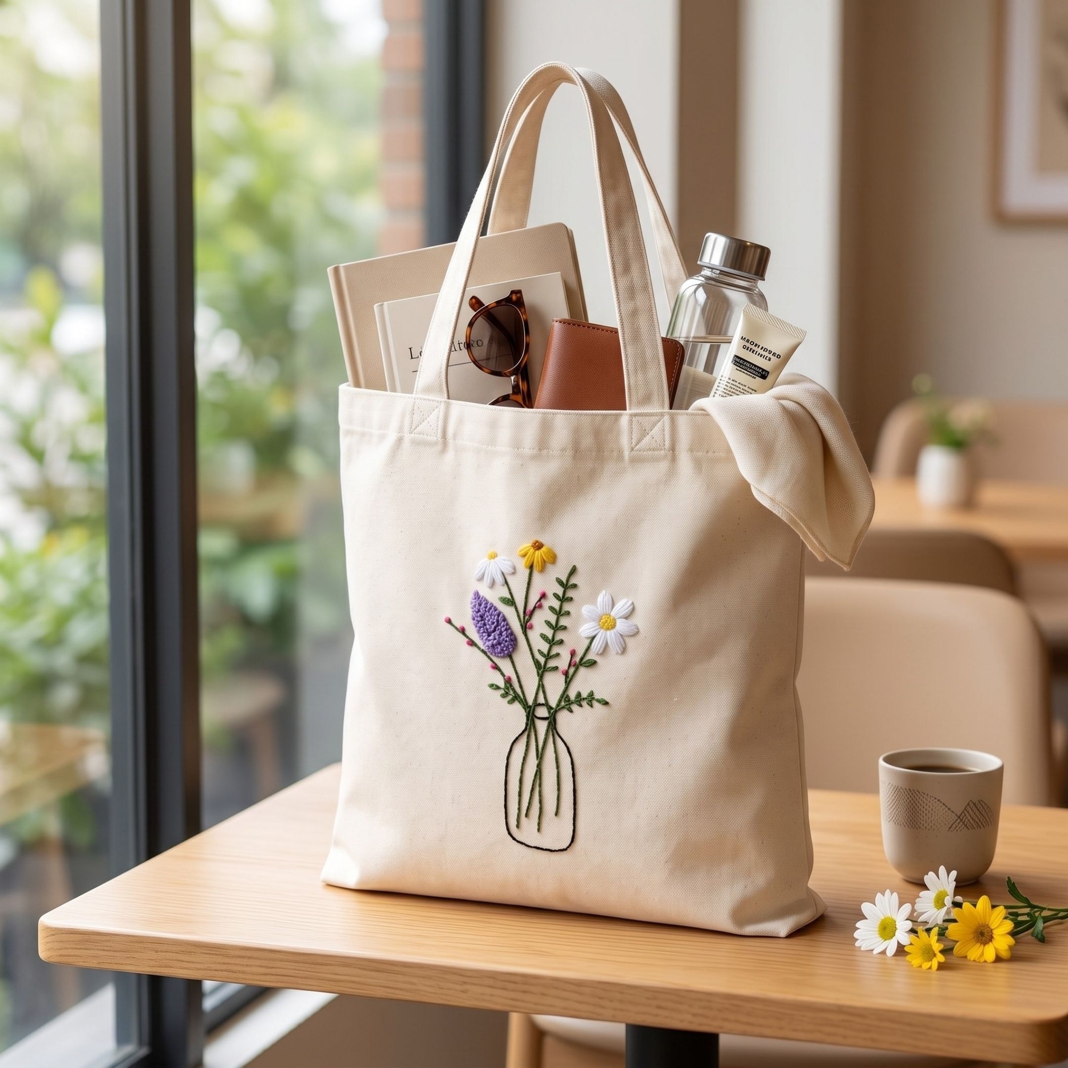 Wildflower Vase Handwork Tote Bag View 4