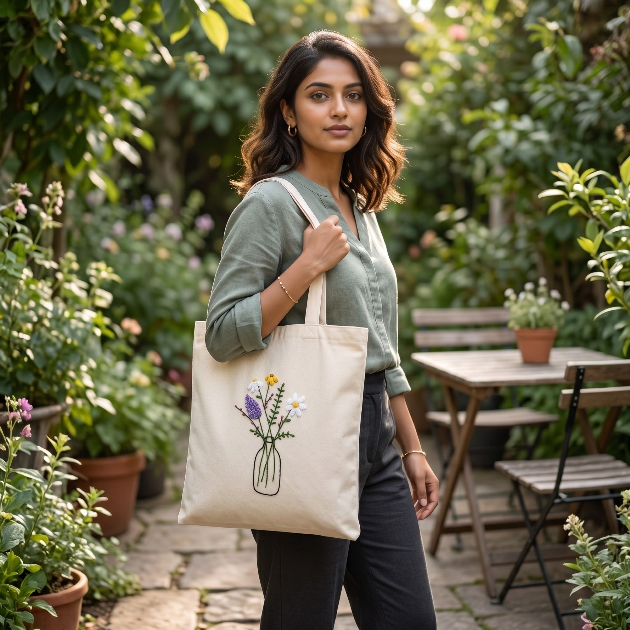 Wildflower Vase Handwork Tote Bag View 3