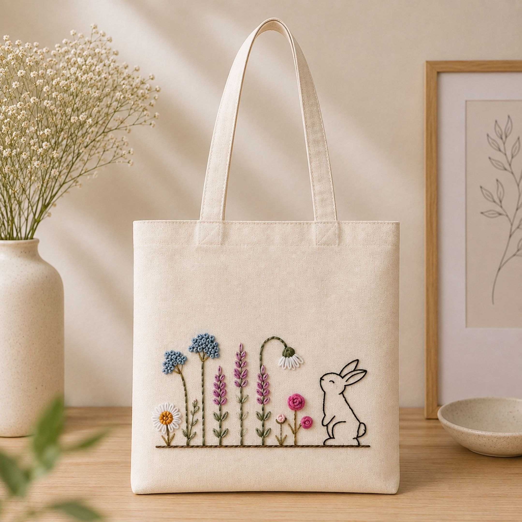 Bunny Bloom Handwork Tote Bag View 2